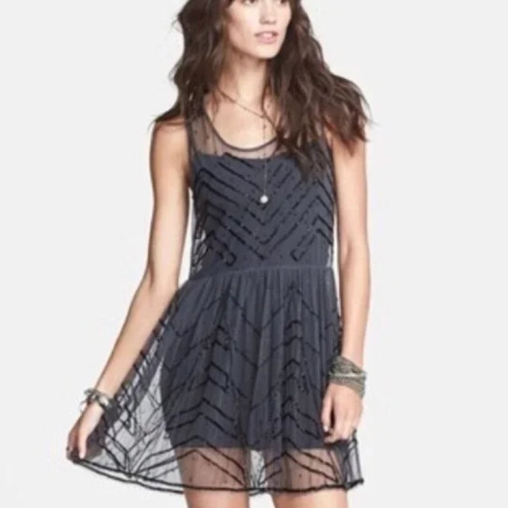 Free People Dress Embellished Beaded Mesh Mini Slip in Charcoal Size S